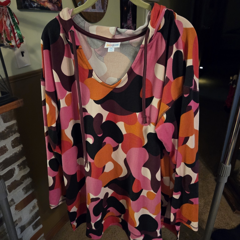 LuLaRoe Multicolor V-Neck Hoodie Top in Pink, Orange, Black & Cream